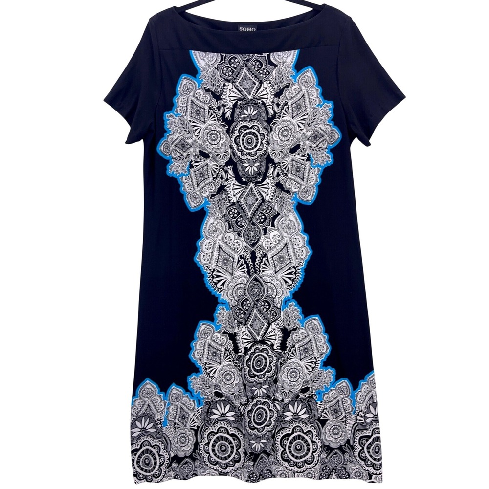 SOHO Black Paisley Medallion Print Short Sleeve Shift Dress 14 Boat Neck Stretch